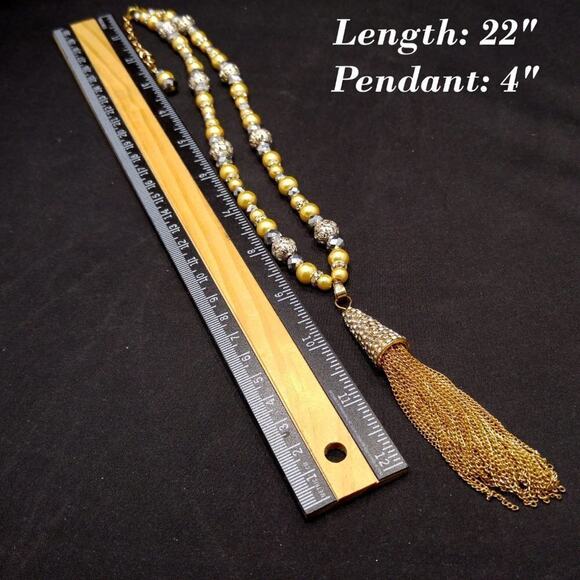 Artisan Gold Pearl Rhinestone Tassel Necklace 22” Vintage Inspired Jewelry - Picture 5 of 9